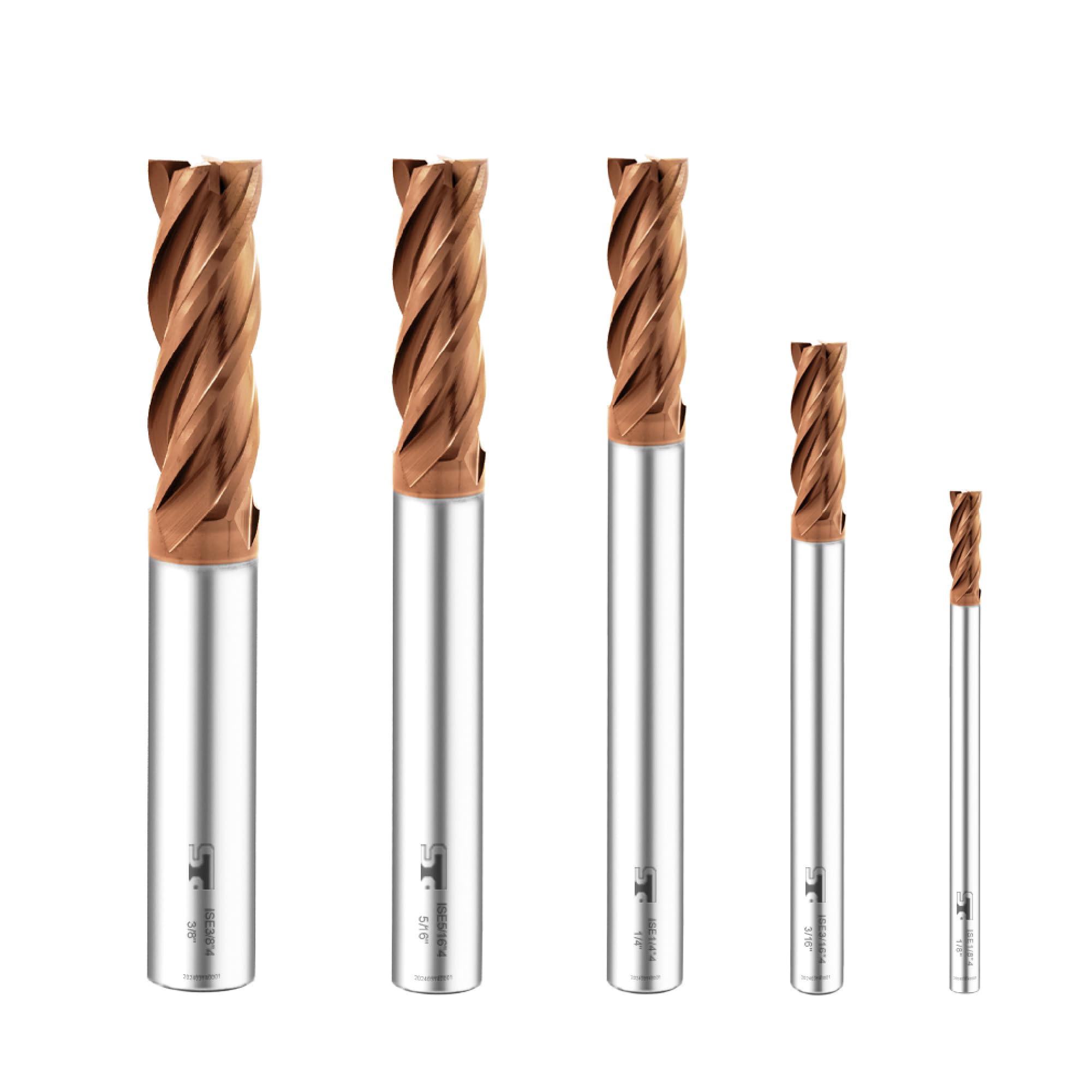 SPEED TIGER Carbide Square End Mill - ISE 4 Flute (5 Piece Set: 1/8", 1/4", 3/16", 5/16”, 3/8”) - for Alloy or Hardened Steel, Metal & More - TiSiN Coated - Mill Bits Sets for DIYers & Professionals