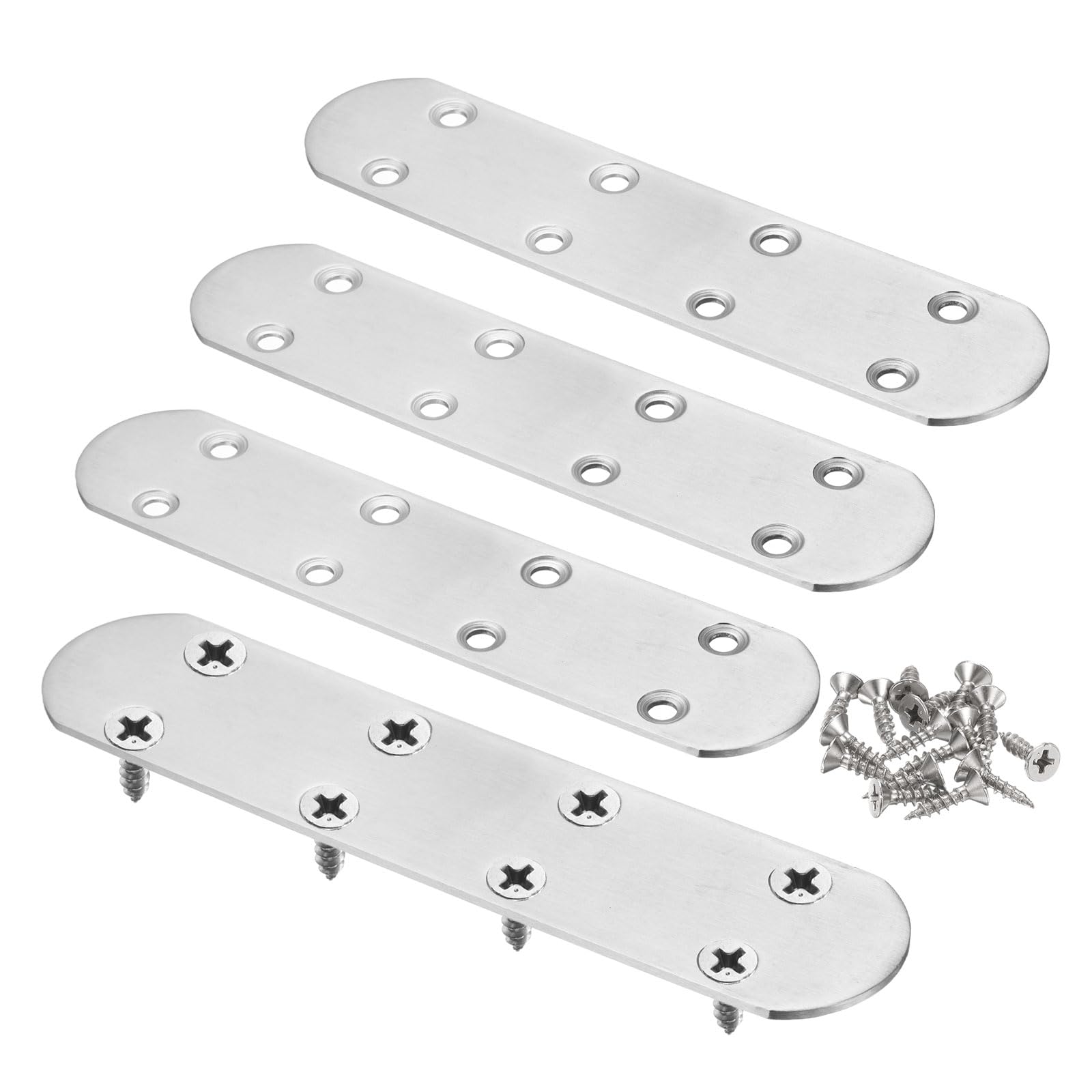sourcing map 4pcs Straight Bracket 6.5" x 1.5" Stainless Steel Flat Fixing Brackets Mending Plate Corner Brace Connector with 32 Screws for Wood Board Bed Frame Furniture Shelves, Silver