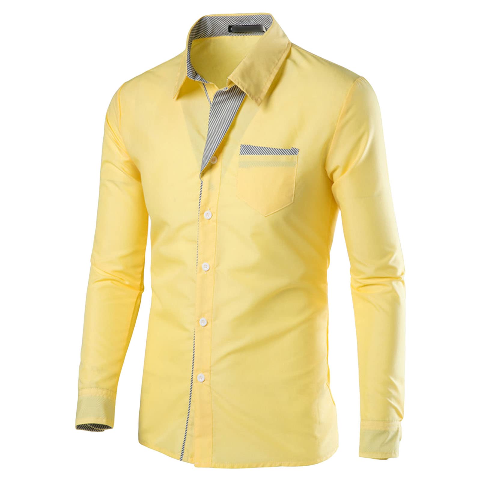 Mens Long Sleeve Stylish Dress Shirts Patchwork Casual Button Down Shirts Turn-Down Collar Shirt Top with Pockets (Yellow,Medium)