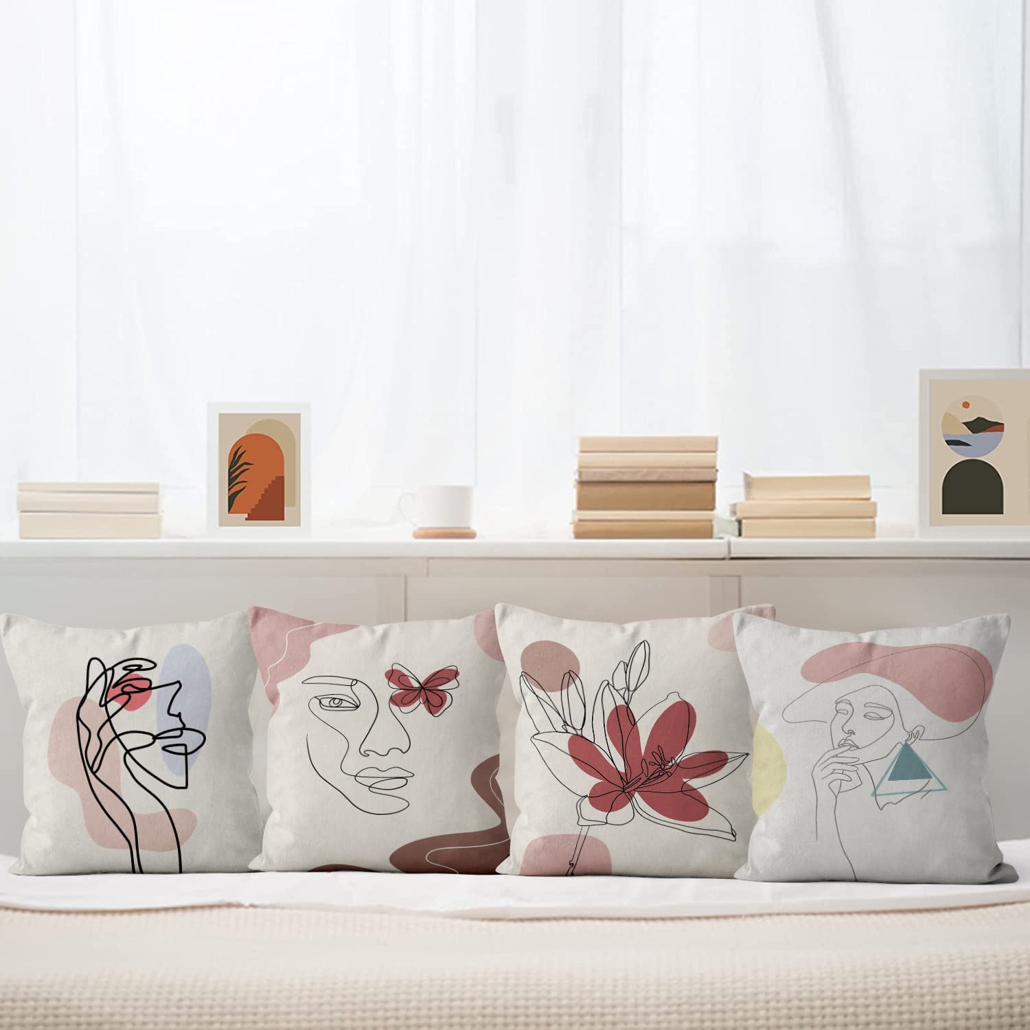 Boho Kissenbezug 4er Set – 50x50 Cm, Waschbar & Stylisch Mit Abstraktem Blatt-Design