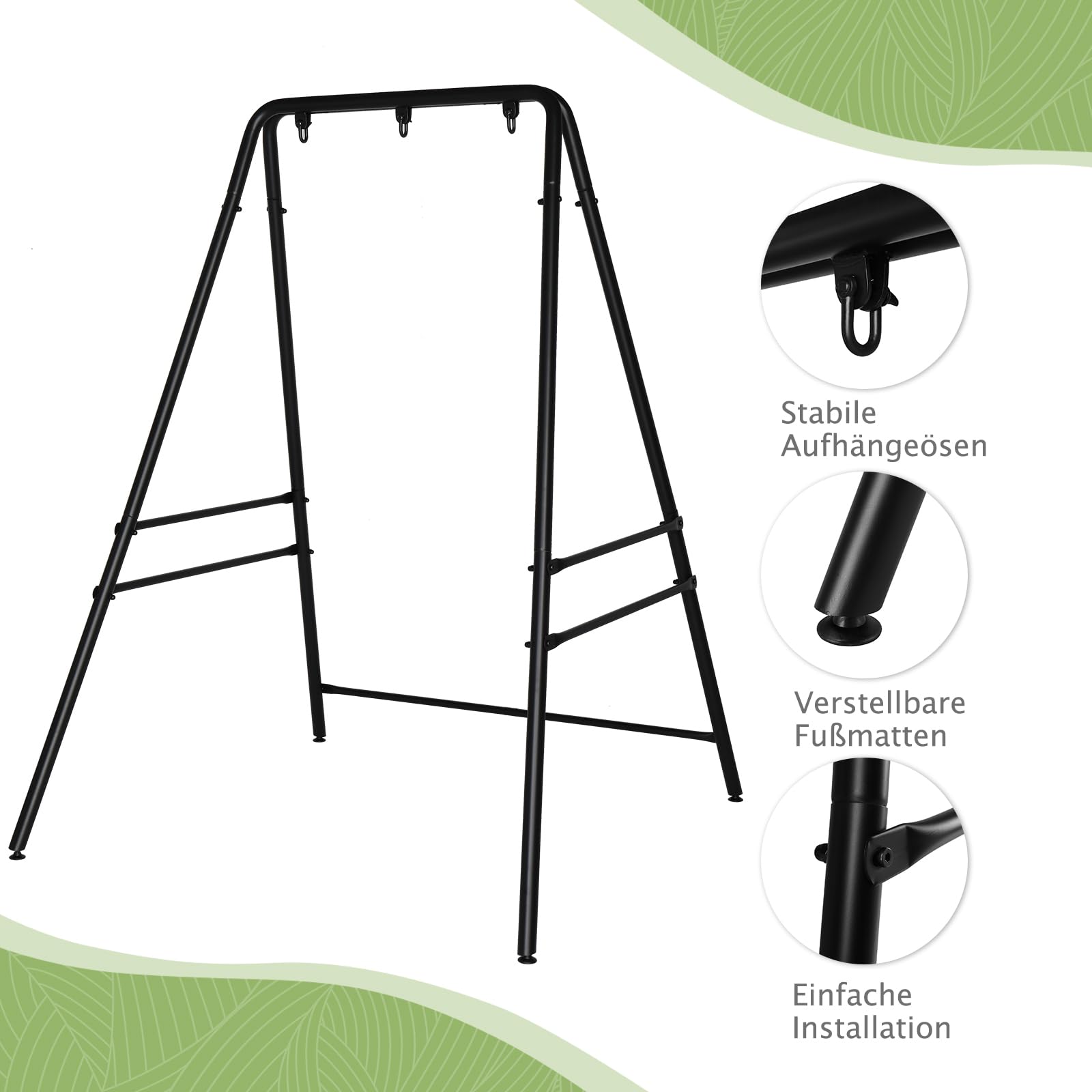LEADZM Estructura de hamaca – Diseño de doble travesaño, estable, estructura de 4 patas con 3 anillas para 200 kg, resistente y segura, para interior o exterior