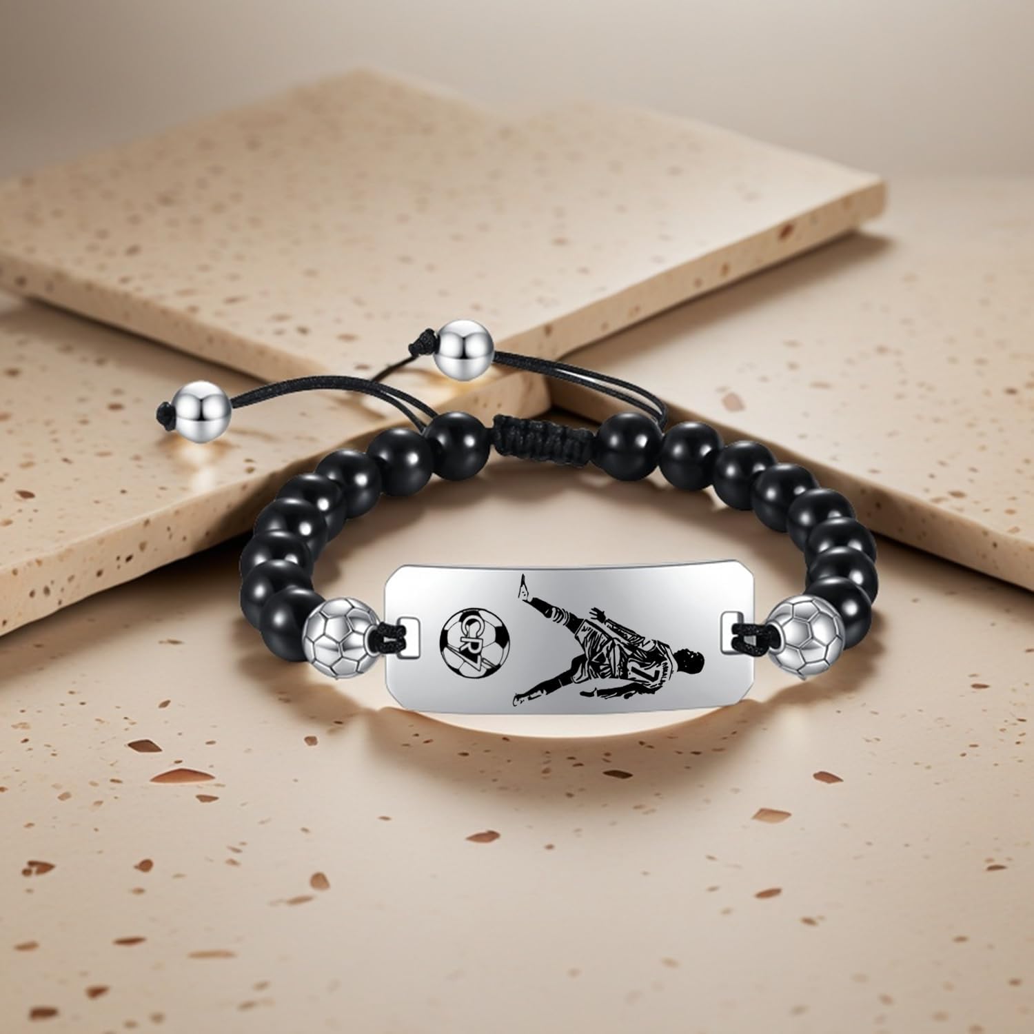 No.7 Soccer Bracelet, soccer Star Bracelet Sport Fan Bracelet Natural Stone Beads Stainless Steel Adjustable