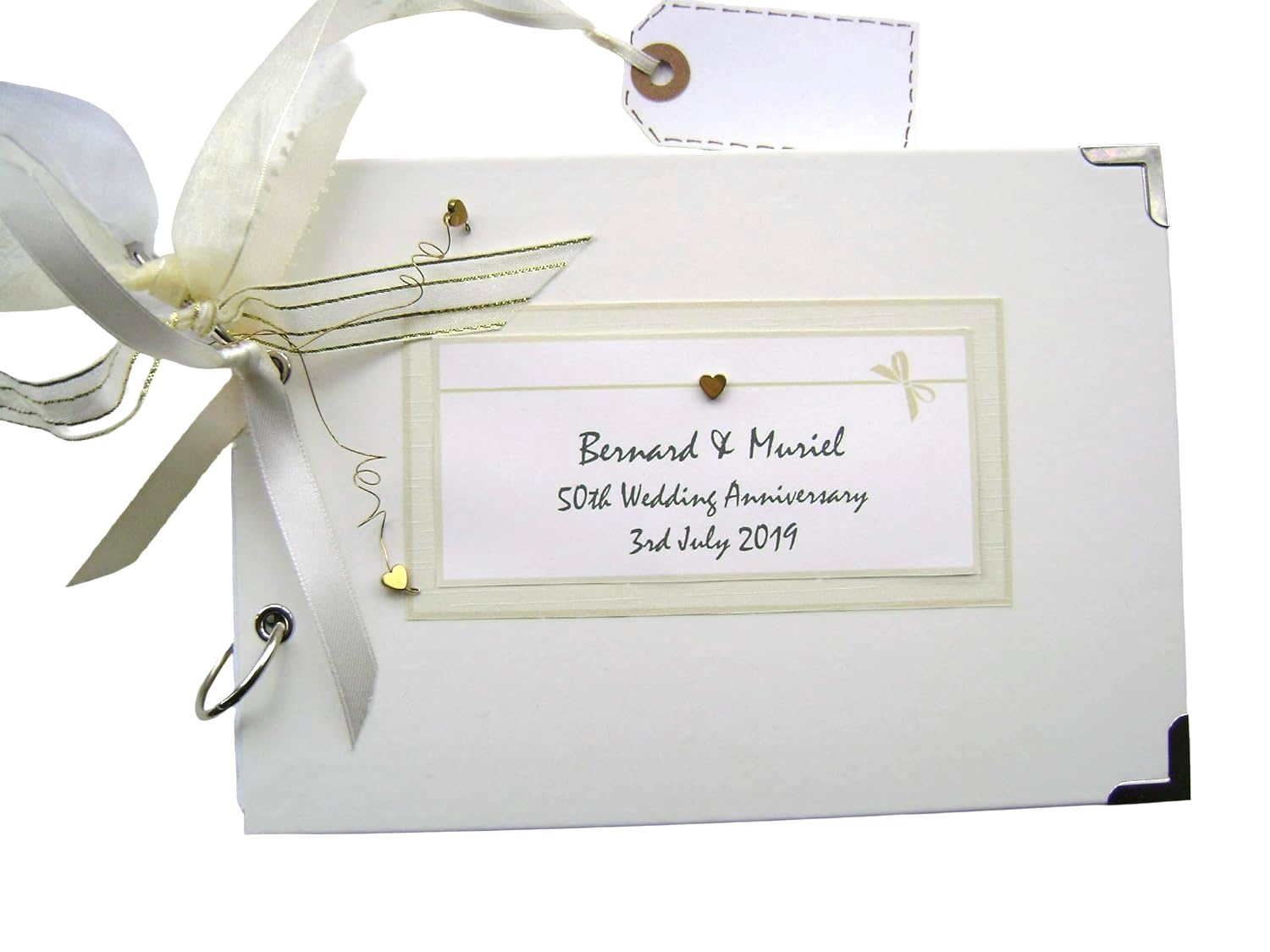 PERSONALISED. 50TH WEDDING ANNIVERSARY gold hearts. A5 SIZE PHOTO ALBUM, SCRAPBOOK, MEMORY, GUEST BOOK, MULTI USE GIFT. MEMORIES KEEPSAKES. 21CM X 15CM