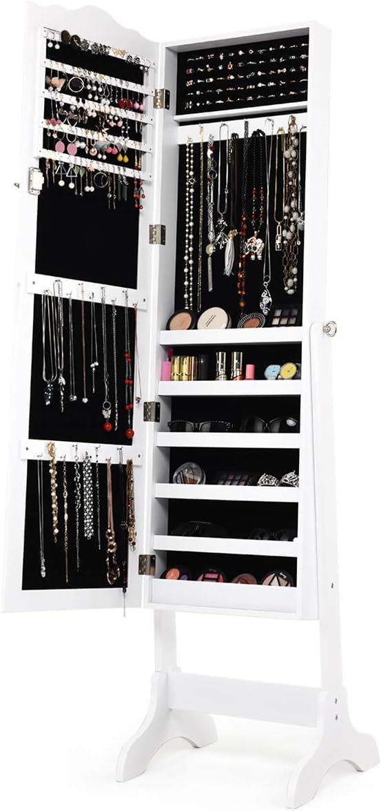 GOPLUS Armoire à Bijoux, Armoire a Bijoux avec Miroir sur Pied, Organisateur de Bijoux avec 4 Angle d'Inclinaison, Grand Armoire de Rangement Verrouillable pour Femmes, Filles (Blanc)