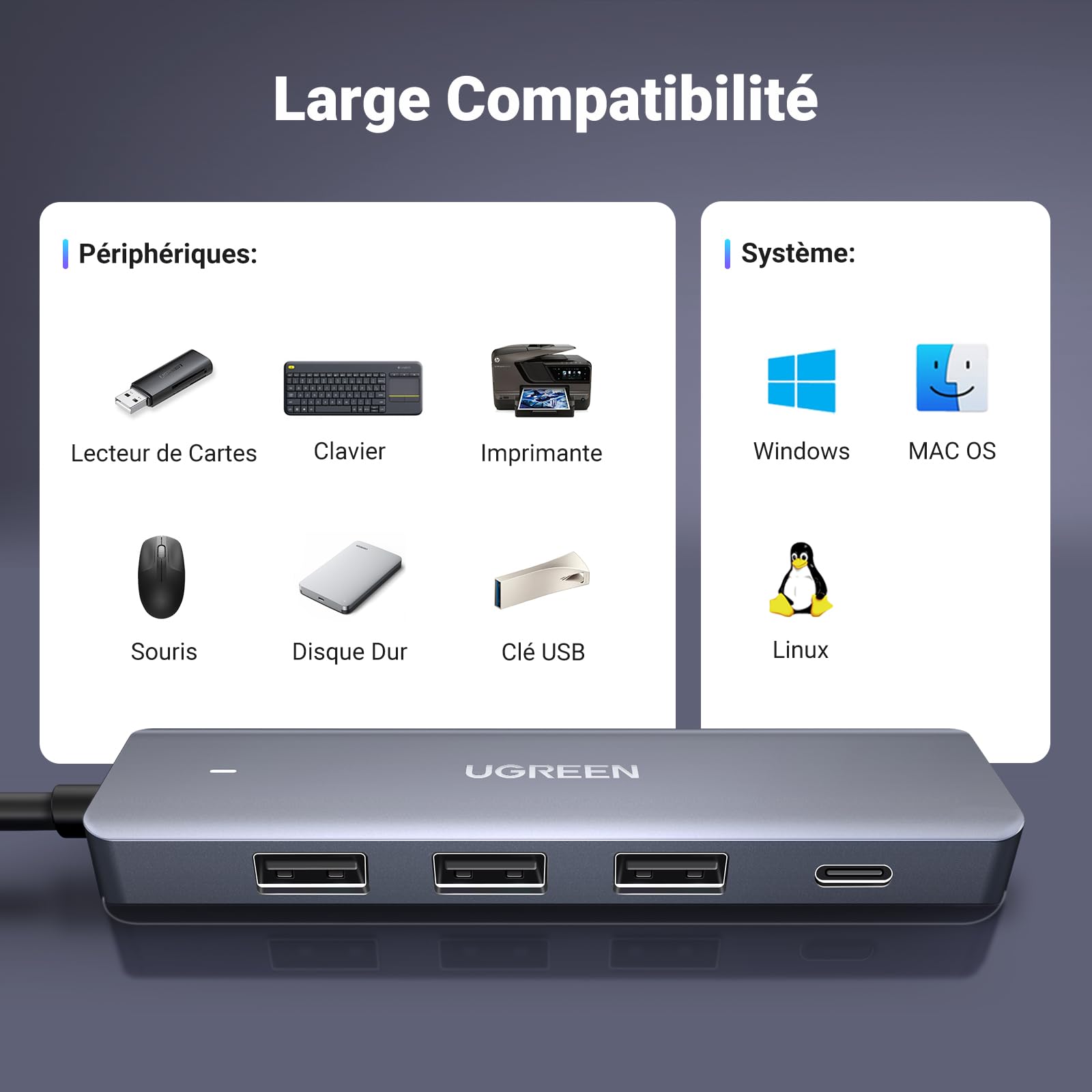 UGREEN Hub USB 3.0 4 Ports 5Gbps 60CM Multiports Compatible MacBook iMac Surface Pro XPS PC