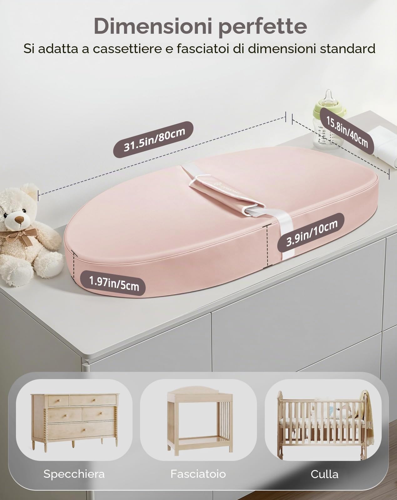 COMOMY Fasciatoio con copertura in PU lavabile e impermeabile, tappetino per fasciatoio sagomato per comò con cintura di sicurezza antiscivolo, portatile e leggero, grande schiuma imbottita, rosa