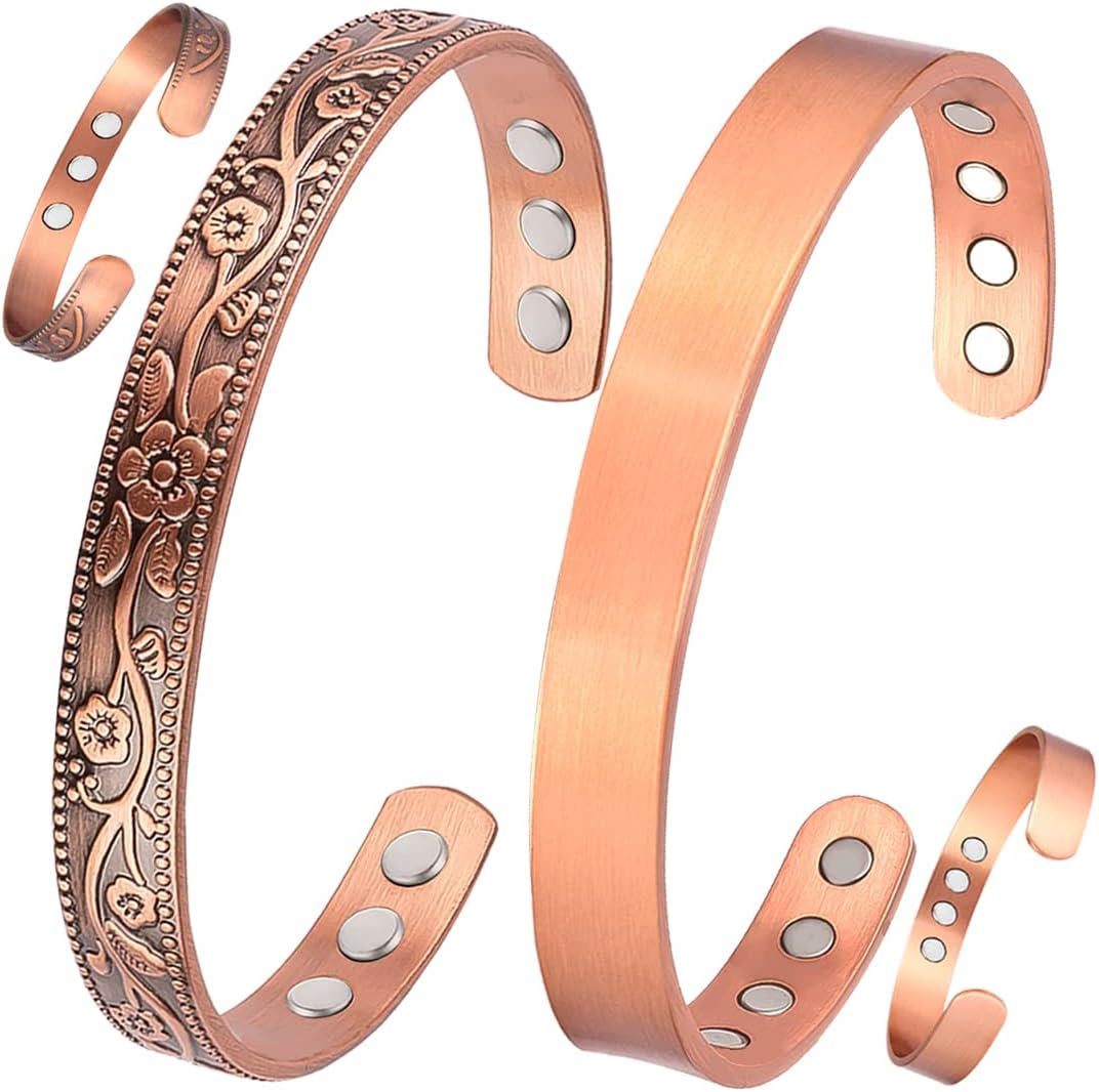 2PCS Copper Bracelets for Women Pure Copper Bracelet Cuff Bangle Strength Magnets Adjustable