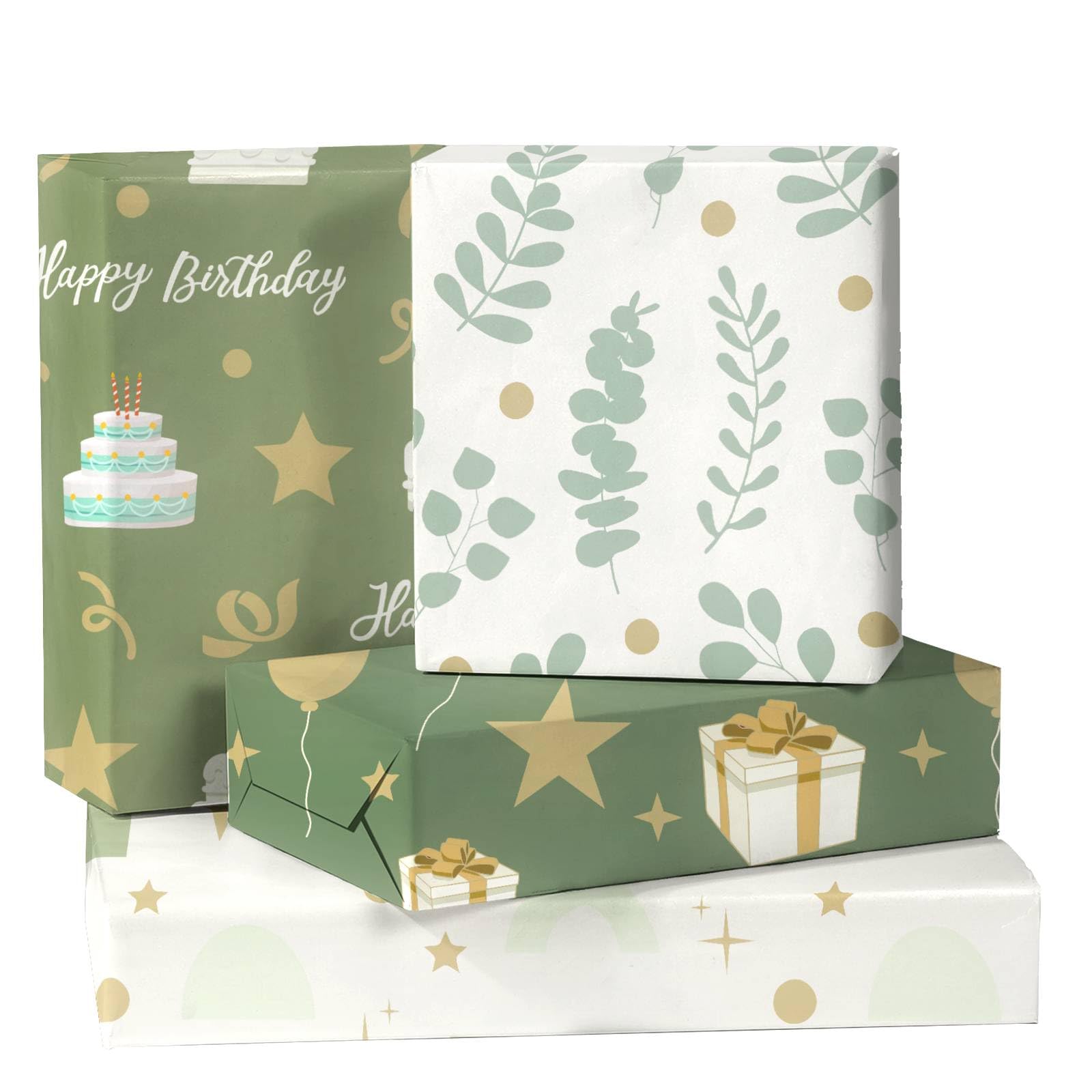 GleeWrap Sage Green Birthday Wrapping Paper - 12 Sheets Unisex Gift Wrap with Cake & Eucalyptus Leaves Designs, Premium Thick Paper for Men, Women & Kids Presents, 50x70cm