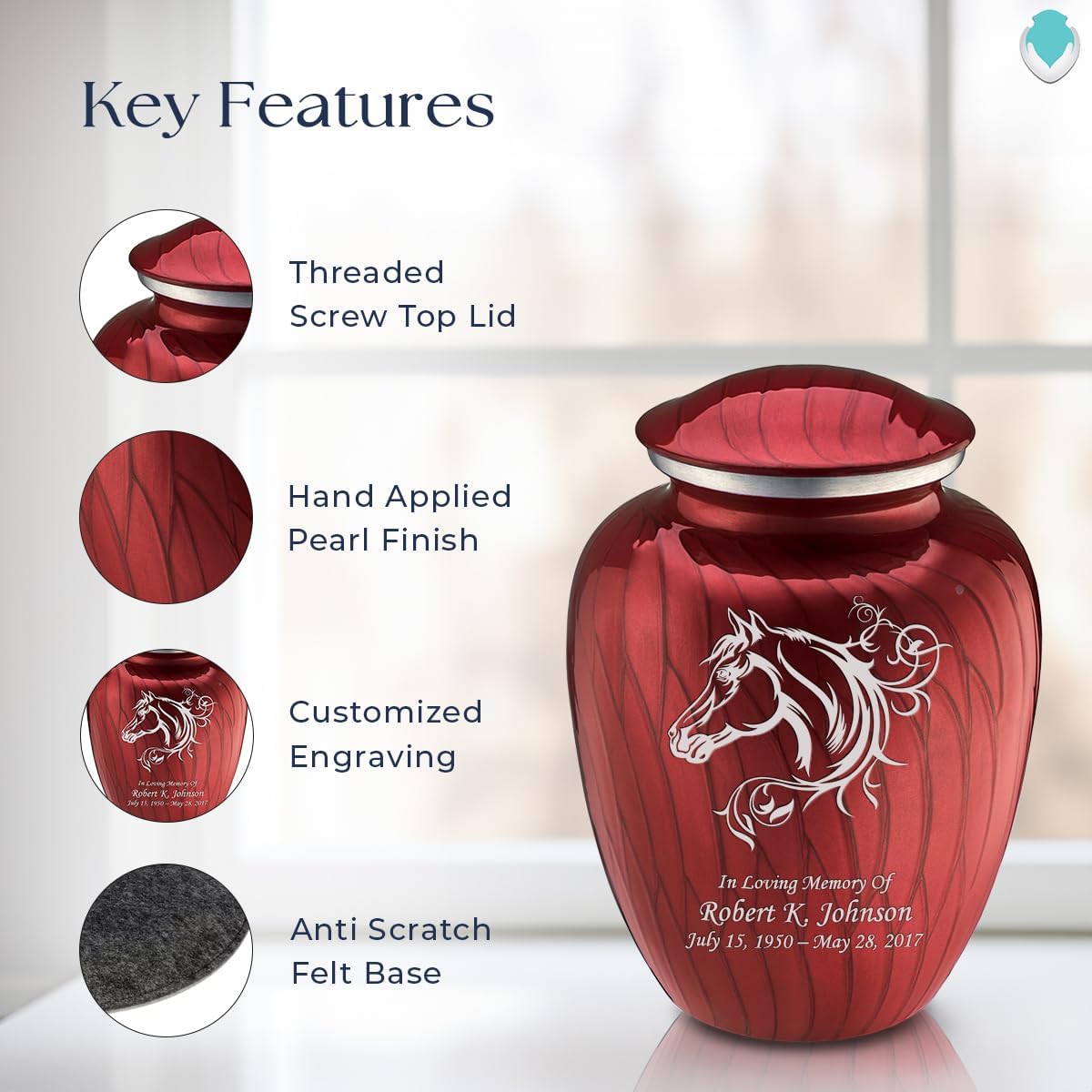 Geturns Embrace Adult Personalized Horse Cremation Urns for Human Ashes I Large Pearl Candy Red Funeral Urn for Men and Women I 200 lbs