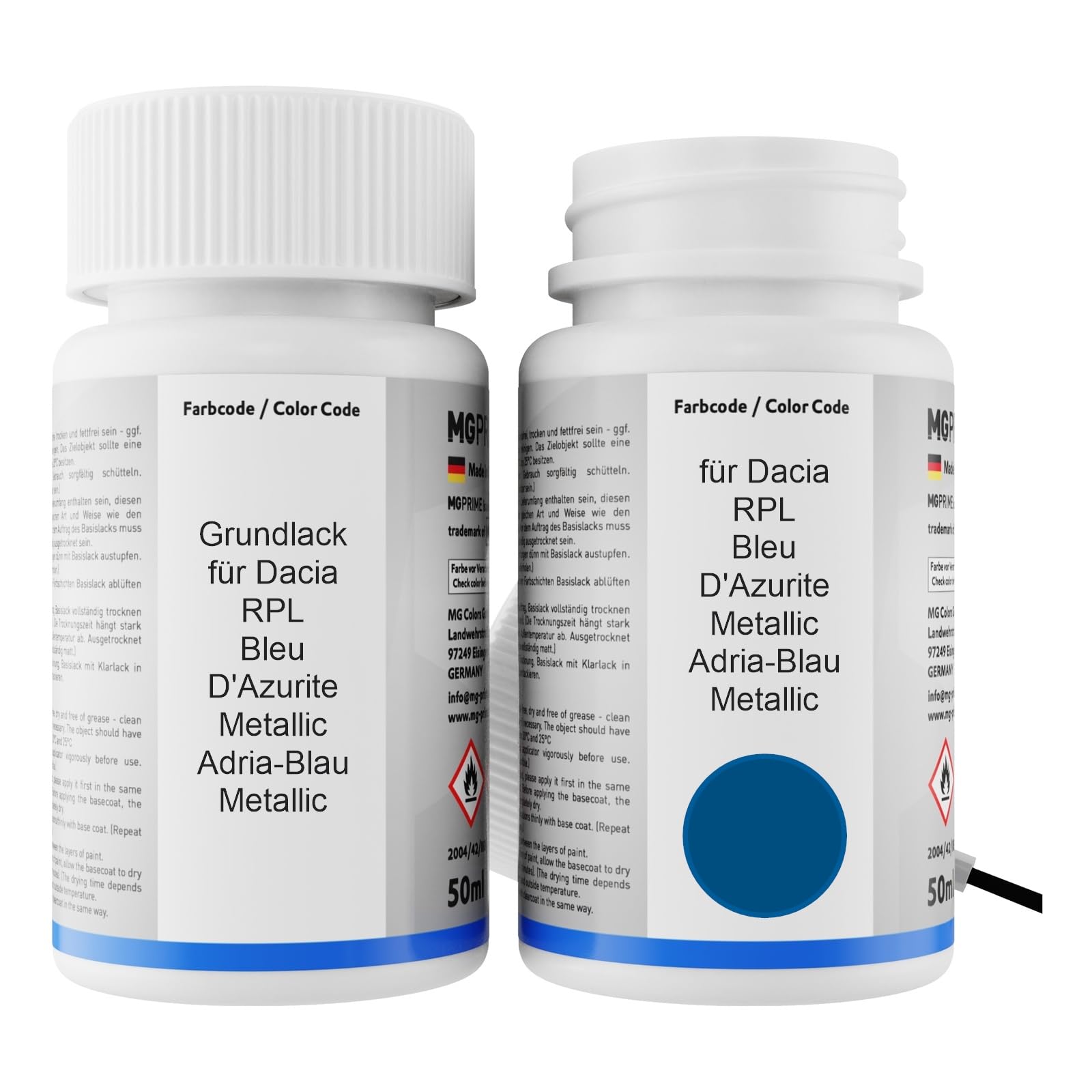 MG PRIME Autolack Lackstift Set für Dacia RPL Bleu D'Azurite Metallic/Adria-Blau Metallic Grundlack Basislack Klarlack je 50ml