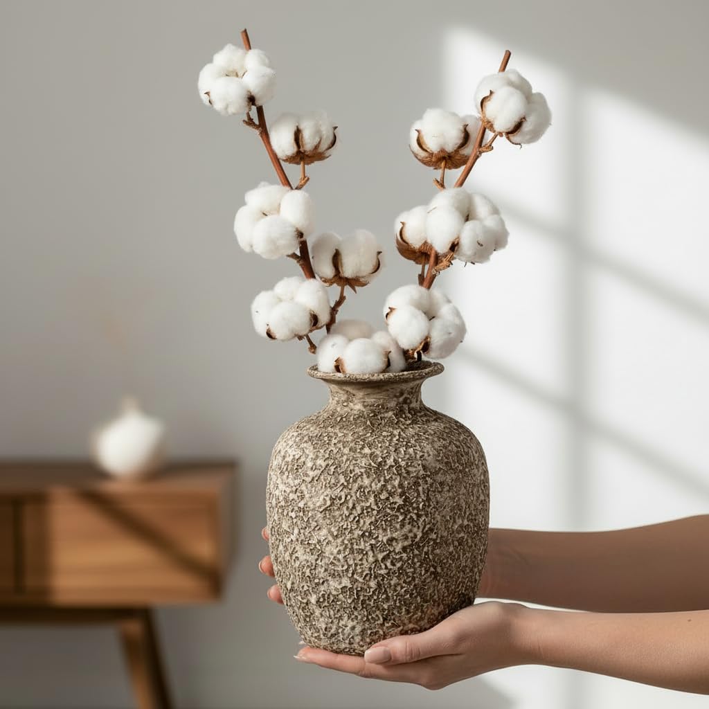Brown Ceramic Vase - 7 Inch Rustic Textured Vase for Flower, Terracotta Farmhouse Vases for Home Decor, Coffee Table, Artificial Branches, Night Stand Decor