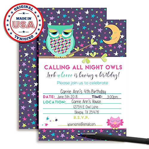 Night Owl Slumber Birthday Party Themed Party Invitations, 20 5"X7" Fill In Cards With Twenty White Envelopes By Amandacreation #TOP2