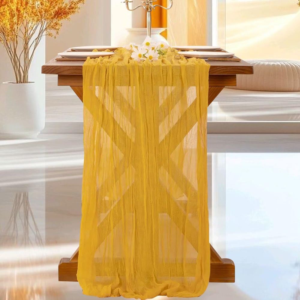 Cheesecloth Table Runner | Boho Fabric Cheese Cloth Table Runner Rustic Sheer Table Runners for Wedding, Bridal Shower, Birthday Party Décor(Gold, 10 ft Pack of 3)