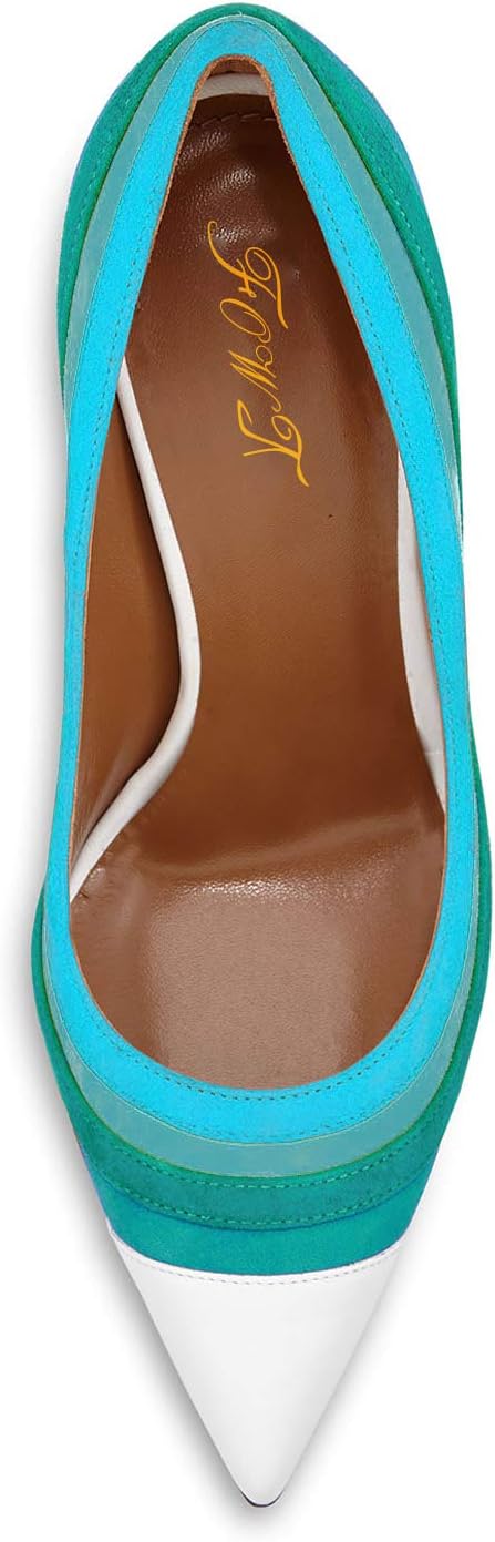 FOWT Women Sexy Rainbow Mixed Color Stripes Pumps Ladies Pointed Cap Toe High Stiletto Heel Shoes Suede Gradient Multicolored Slip on High Heels for Dress Party Prom 4-16 M US Size