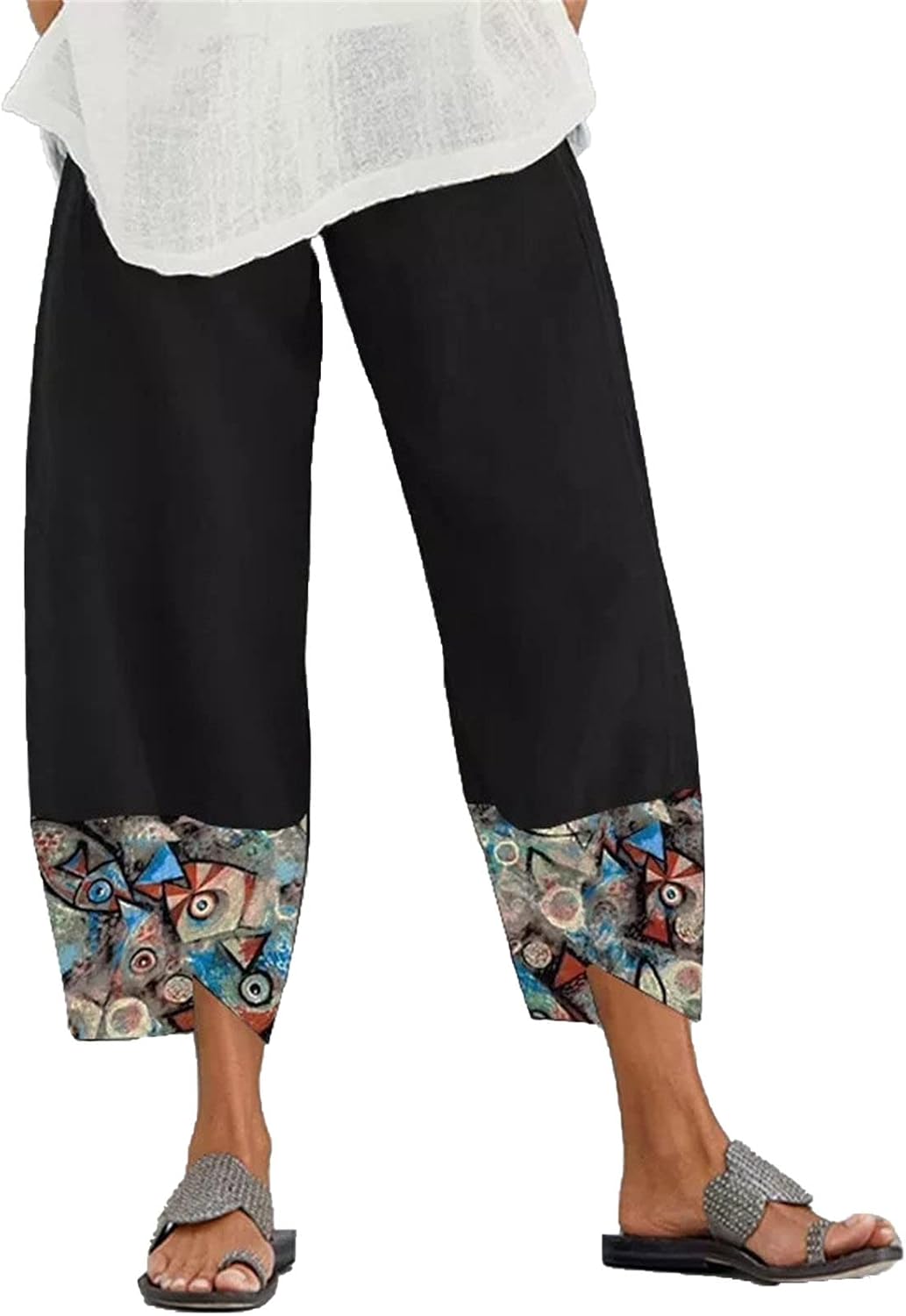 DGHM-JLMY Ladies Casual Loose Print Pants Elasticated High Waist Cotton Linen Cropped Elastic Waist Comfy Lounge Trousers