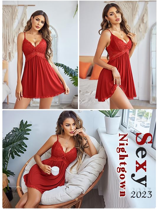 Image of Avidlove Women Chemise Night Gown Lace Modal Sleepwear V-Neck Full Slip Babydoll Lingerie Sexy Nightgowns