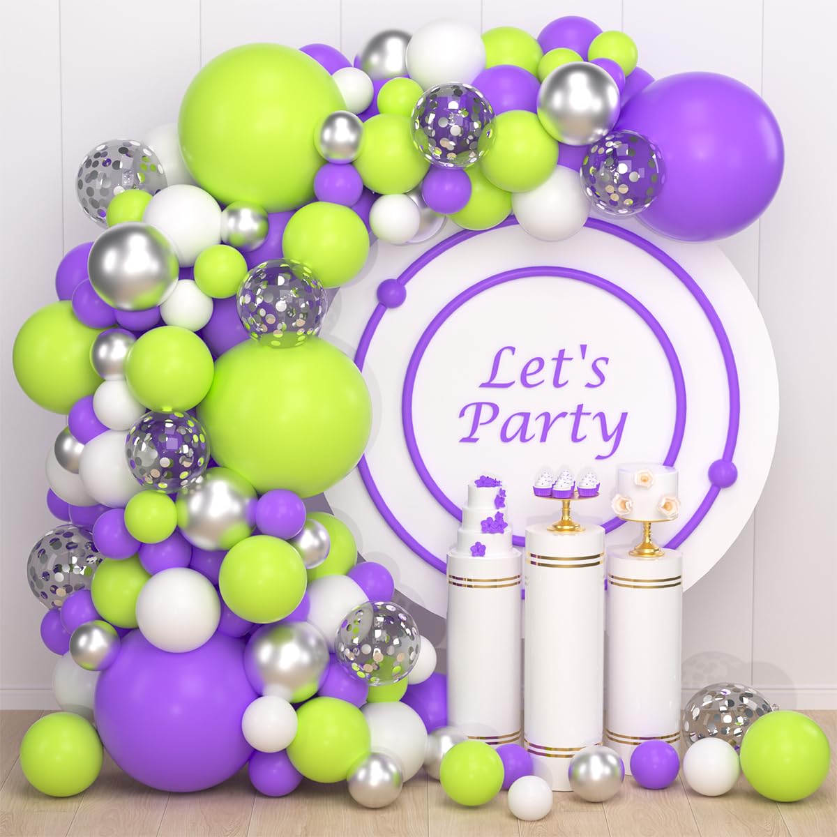 Purple Green White Balloon Garland Arch Kit - Lime Green Purple Balloons Metallic Silver Balloons for Outer Space Toy Game Birthday Baby Shower