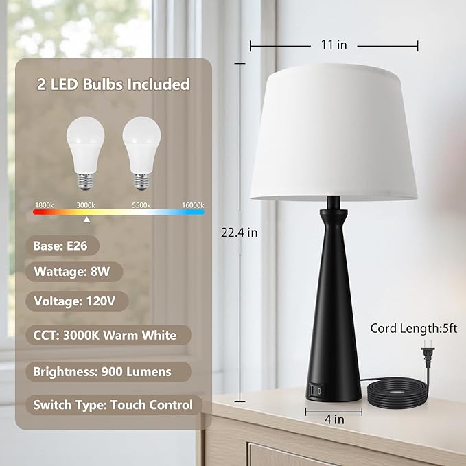 Lámpara de Mesa Seealle Táctil LED con USB A+C, 2 Unidades, 22.4 pulgadas miniatura 7
