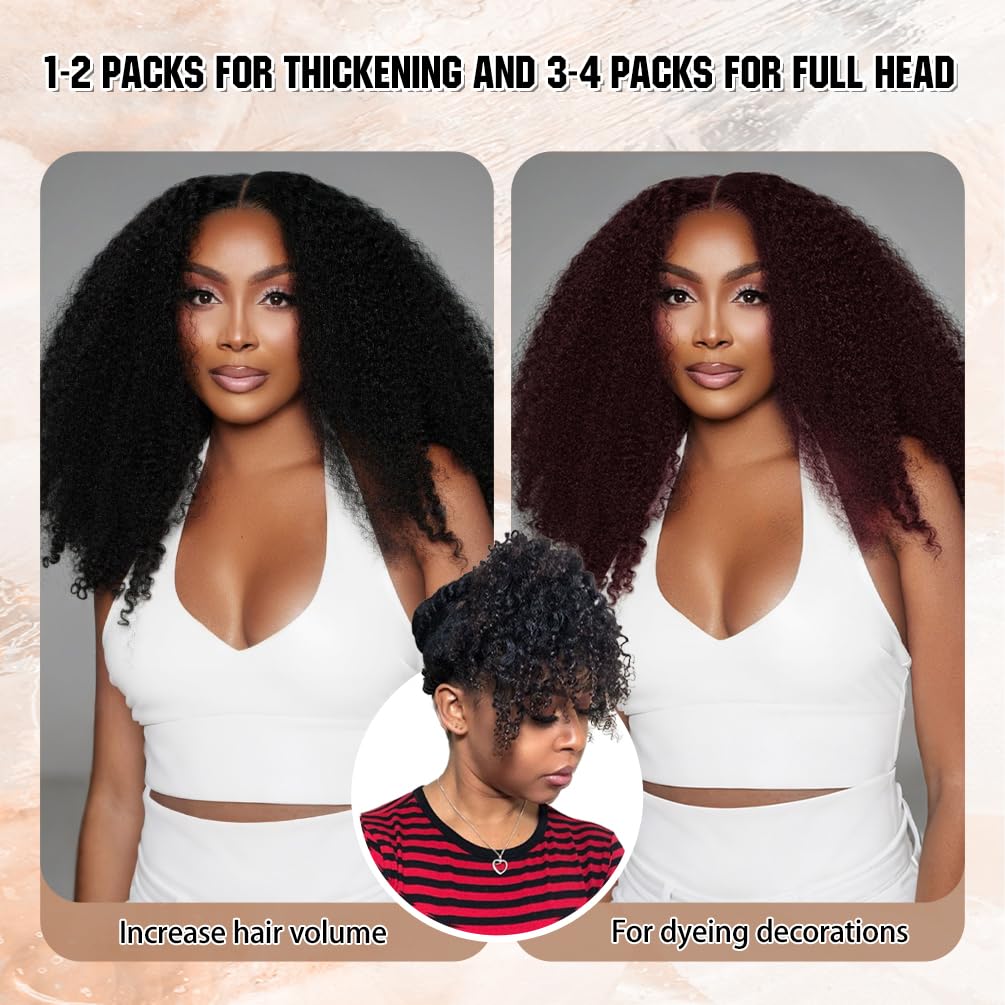 4Pcs Colored Afro Kinky Curly Clip in Hair Extensions Real Human Hair, 18 Inch 70g #99J Wine Red, Lace Invisible Seamless & Thicken, 4B 4C Remy Clip Ins for Women