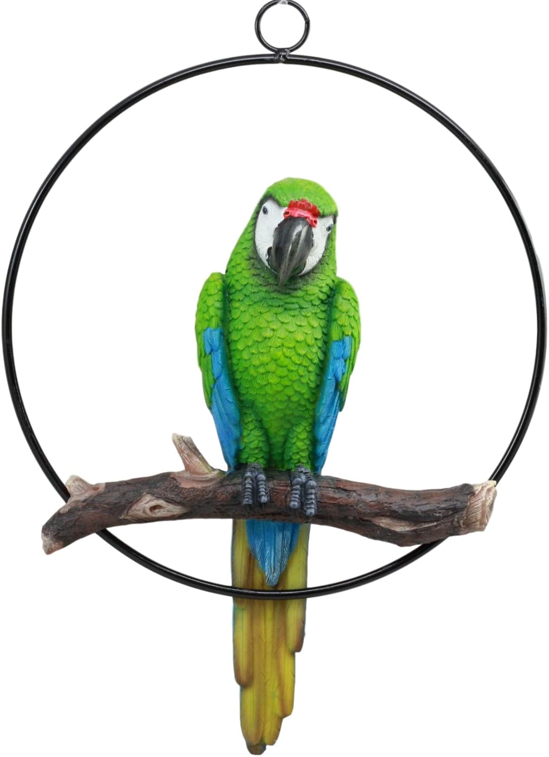 Ebros Patio Home Garden Hanging Scarlet Macaw Parrot Perching on Branch in Metal Round Ring Figurine Sculpture Nature Lovers Tropical Bird Collectors Decor 13.5 H (Green)