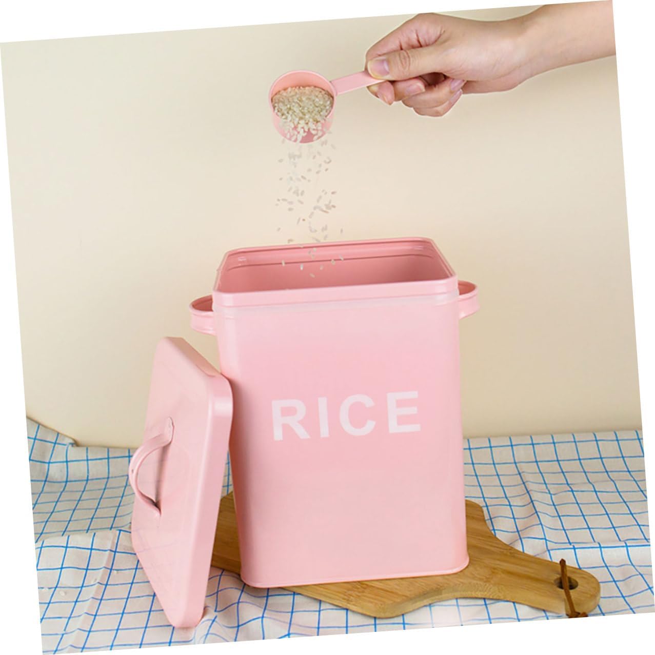 Pet Food Barrel and Kitchen Rice Bucket with Airtight Seal Pink Metal Food Storage Container with Measuring Cup for Storage