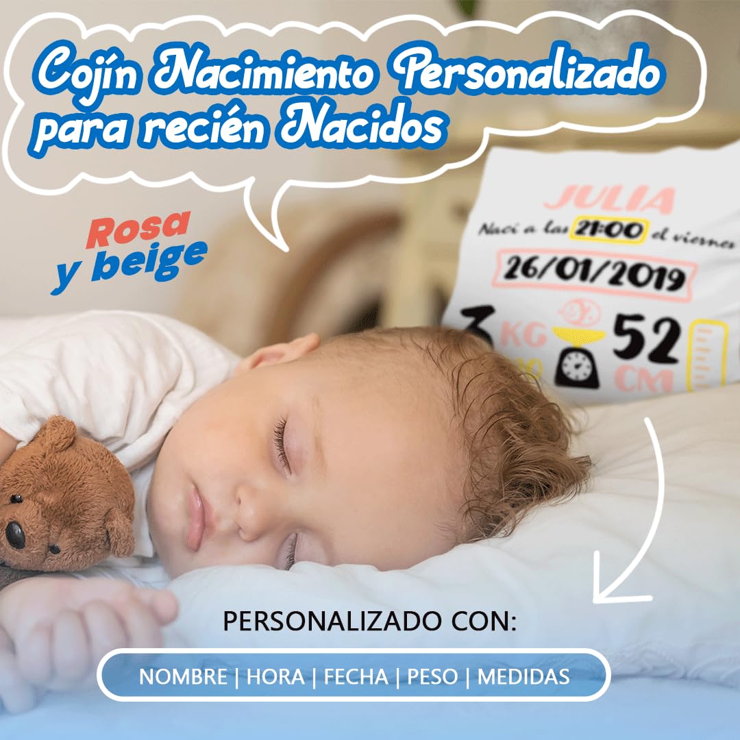 NANNUK | Cojín Personalizado para Recién Nacido | con Nombre, Hora, Fecha, Peso y Medida | Almohada Bebe Bebe Personalizado (Rosa Y Beige)
