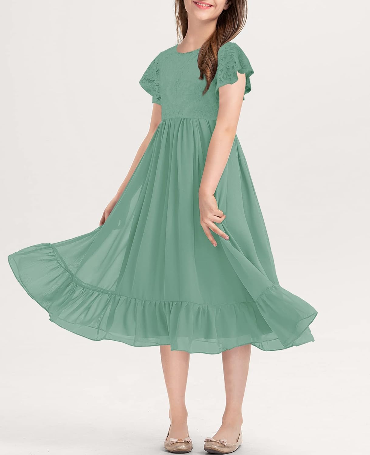 MITILLY Girls Elegant Lace Flower Crew Neck Ruffle Chiffon A-Line Flowy Birthday Party Midi Dress - Image 6