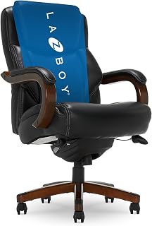 La-Z-Boy Delano Big & Tall Executive Office Chair, High Back Ergonomic Lumbar Support, Bonded Leather, Black with Mahogany Wood Finish