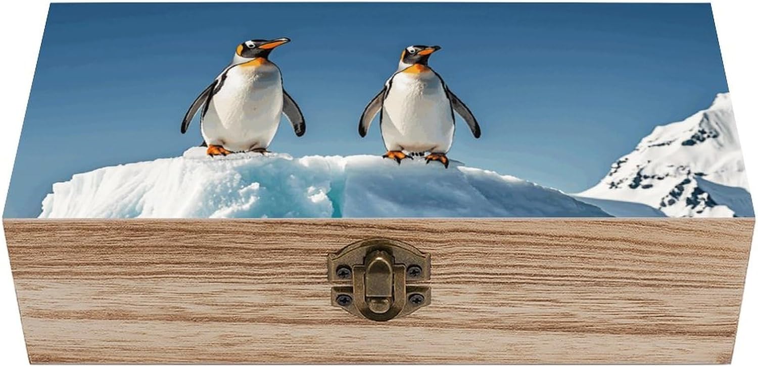 Wooden Treasure Chest Boxes for Keepsake Storage, Vintage Jewelry Box Penguins On The Iceberg Wood Storage Box, Memory Case for Crafts And Photo Storage, Supplies 7.9'' X 3.9'' X2.3''