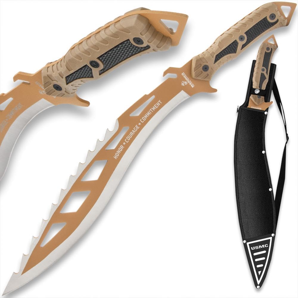 USMC Desert OPS Sawback Kukri | 15 3/10" Stainless Steel Blade | Olive Drab Matte Finish | Ridged ABS Handle with Extended Pommel | Includes 600D Nylon Belt Sheath | 22" Overallg - Length 22”