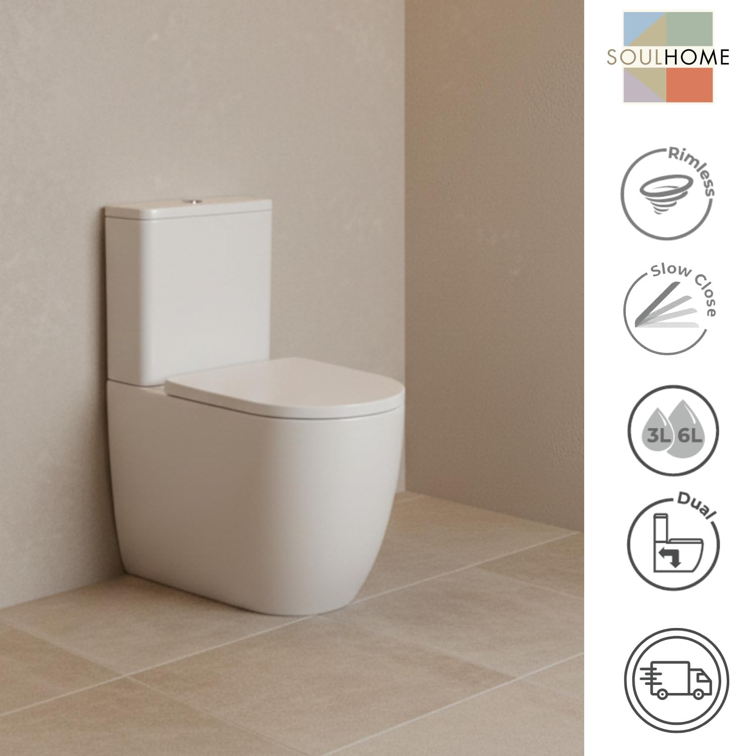 SOULHOME Pack Inodoro Completo Rimless Curvo Blanco Mate | Tapa Amortiguada | Salida Horizontal/Vertical | Doble Descarga Eco | Pulsador Dorado