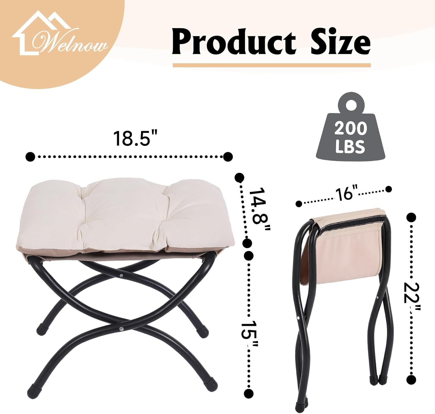 Welnow Folding Foot Stool, Upholstered Small Accent Ottoman with Detachable Thick Cotton Cushion Padded Sofa Stool and Metal Frame for Lazy Chair, Living Room, Bedroom, Beige