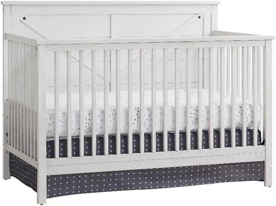 Pemberly Row 4-in-1 Convertible Wood Crib, Off White Finish, 41.5 in H x 55.63 in W x 29.88 in D, Rustic Farmhouse Style, Greenguard Certified, Nursery Crib to Toddler Bed to Full-Size Bed