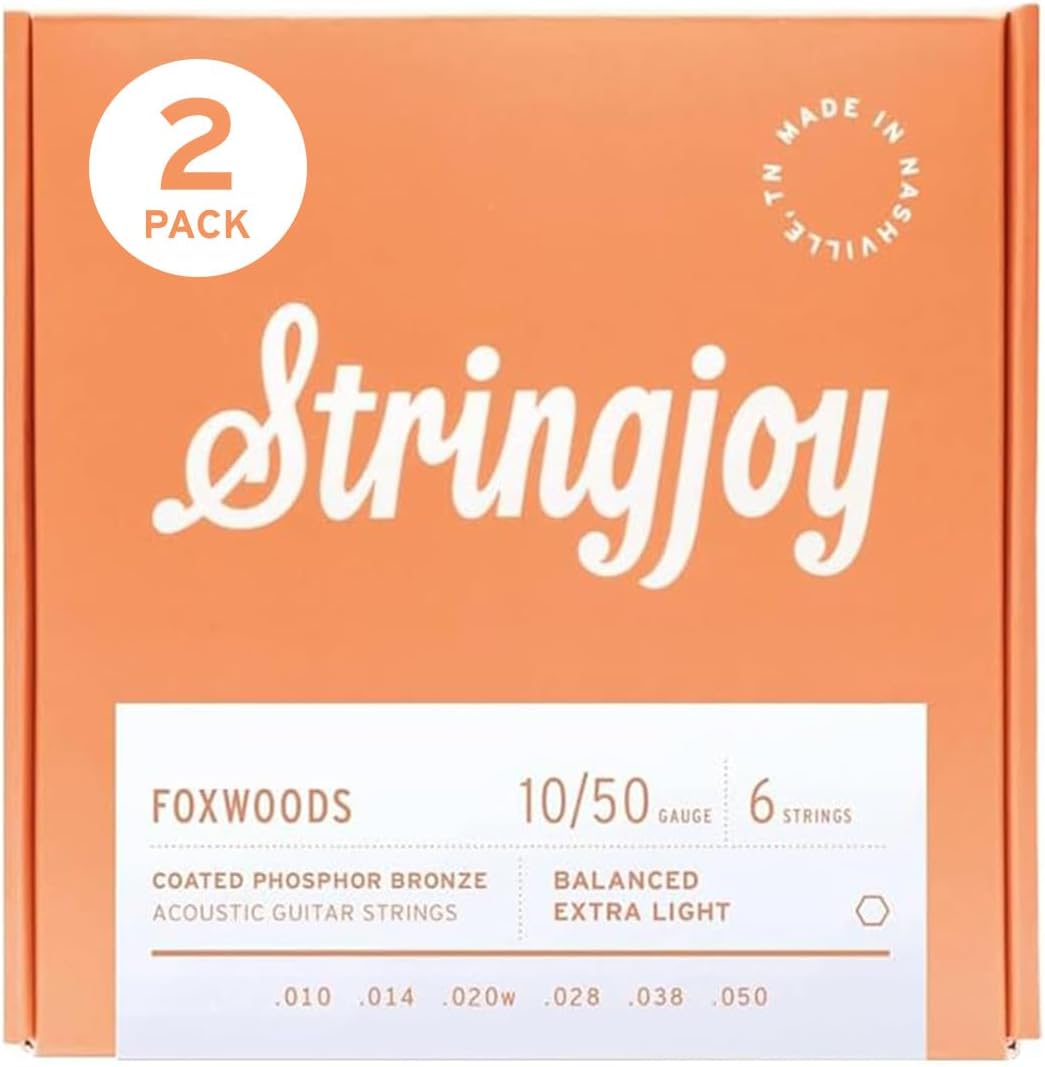 Stringjoy Balanced Extra Light Foxwoods Coated Phosphor Bronze Acoustic Guitar Strings 10-50, FW1050, Long-Lasting Tone and Sound Quality, Acoustic 6 String Set, 2-Pack