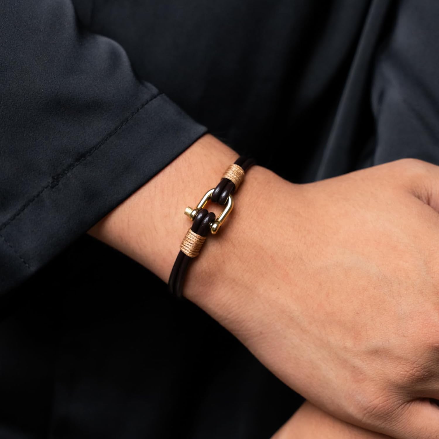 Mechanical Screw-Clasp Mens Bracelet - Black Leather Rope & Polished Silver Stainless Steel Clasp, Fashion Bracelets for Men Gift for Son Husband Grandson Fits 6.2"-7.2" wrists - Image 6