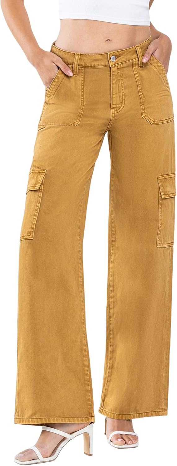 VERVET High Rise Utility Cargo Wide Leg Jeans Golden Brown T5823GB