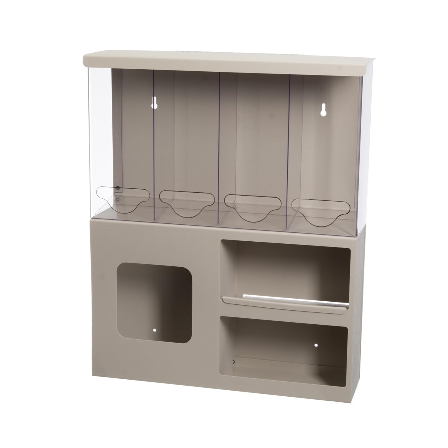 Protective Wear Organizer-Surgical: Holds PPE or misc. Bulk Items, Overalls, or Gowns, & misc. Items 4 compartments Removable Shelf Wall Mount Dims: 6.75”L x 25”W x30.19”H