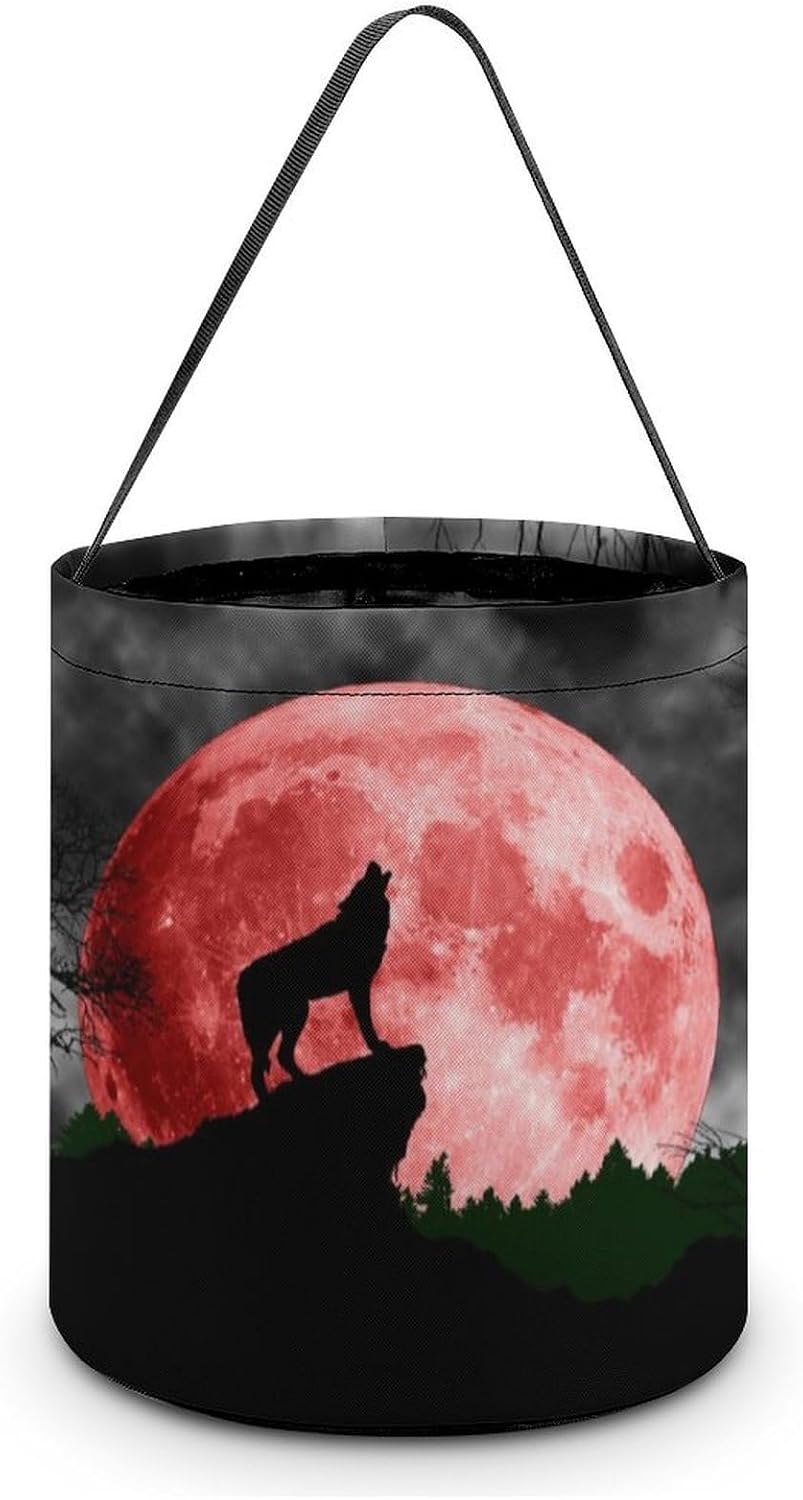 Howling Wolf at The Red Moon Halloween Treat Bag Reusable Candy Basket Tote Goody Bags Gift Party