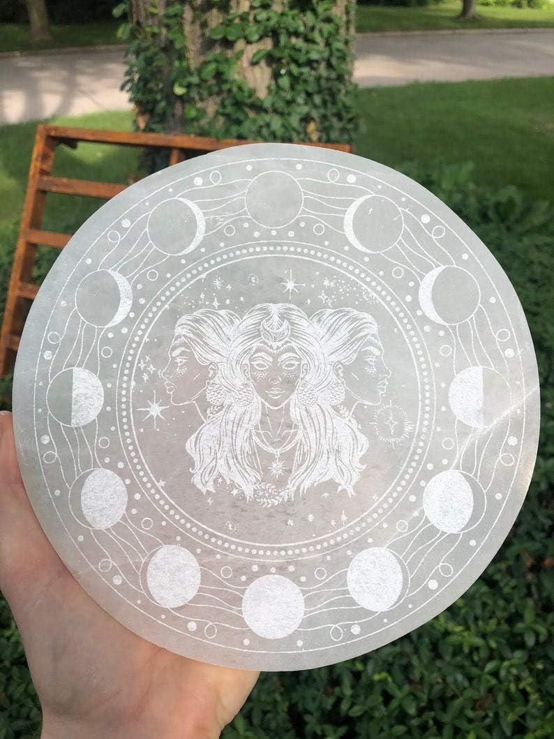 Ethically Mined 6" Selenite Charging Plate, Hecate Goddess Charging Station, Etched in Appleton, WI USA