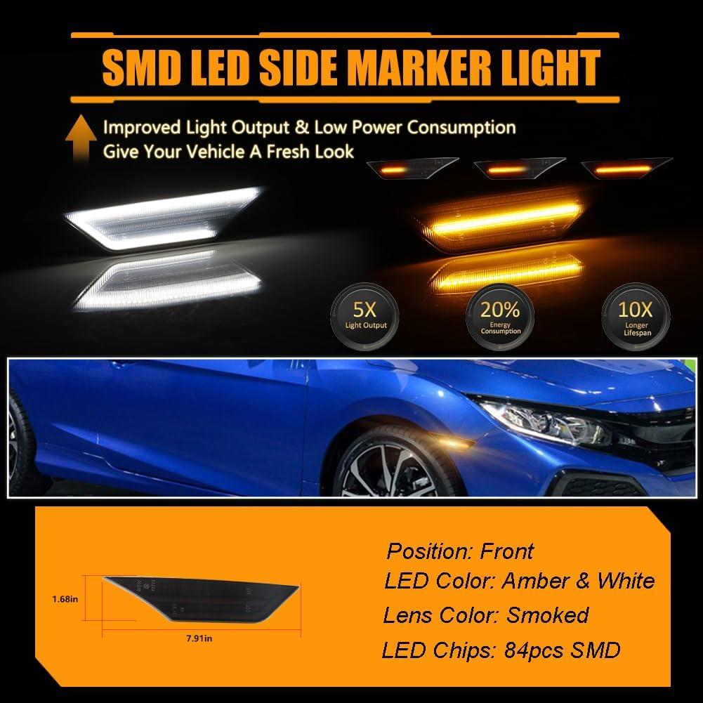 Sequential Switchback Front Side Marker Lights for Hon-da Civic 10 Gen Civic 2016-2021, [Upgraded] Smoked Lens Side Marker Bumper Lamps, Amber Turn Signal & White Daytime Running Lights, 2 PCS