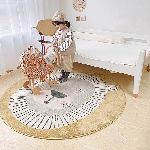 Miniatura 3 de Alfombra de león para niños, alfombra redonda para bebé, decoración de habitación de niños, lavable, antideslizante, con temática de dibujos