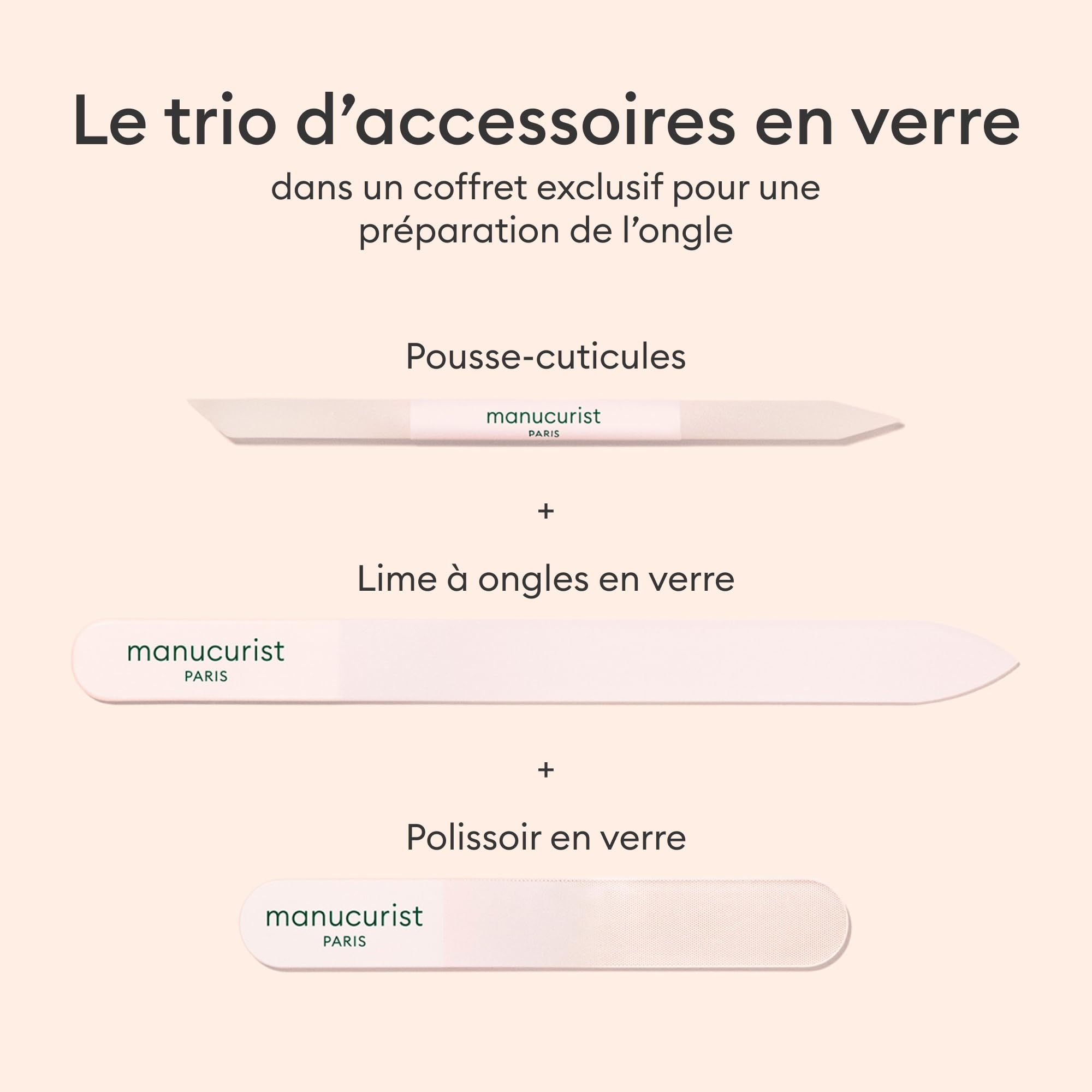 Manucurist Trio Coutellerie - Coffret Tube Exclusif: 1 Lime à Ongles, 1 Polissoir & 1 Pousse Cuticules en Verre - Accessoires Professionnels - Set Préparation Ongles - Made in France
