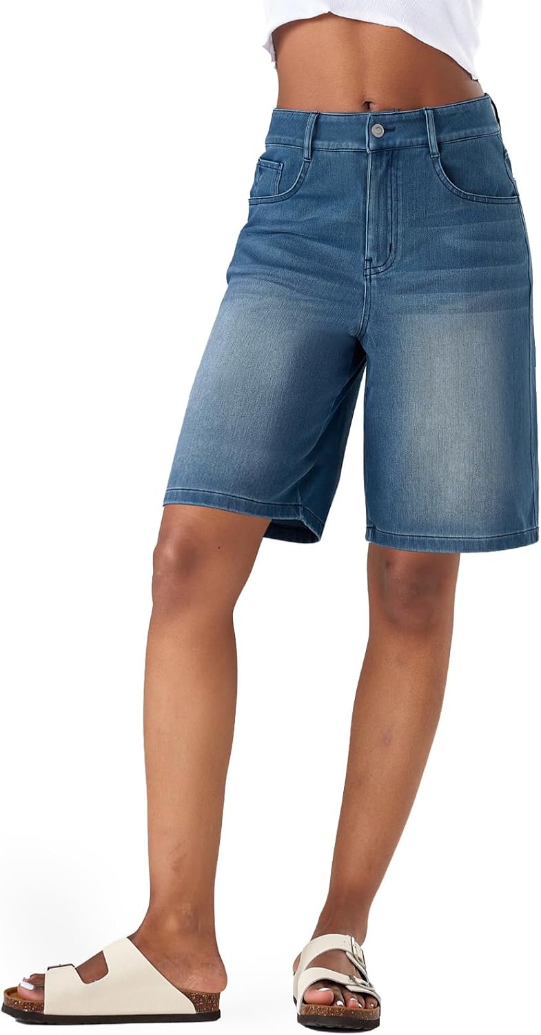 Fanica Stretchy Denim Bermuda Shorts for Women | High Waisted, Wide Leg, Loose Fit, Knee Length, With Pockets