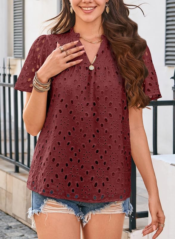 Womens Summer Tops V-Neck Short Sleeve Shirts Dressy Casual Babydoll Blouses Embroidered Eyelet Flowy Boho Clothing - Image 3