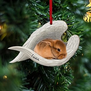 Personalized Netherland Dwarf Rabbit Memorial Ornament - Custom Bunny Memory 2D Flat Ornament, Pet Memorial Angel Wings, Rabbit Loss Sympathy Gift, Pet Remembrance Keepsake, Pet Passing Away Gift