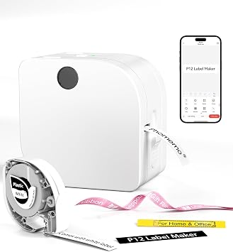Phomemo Label Maker Machine with Tape, P12 Bluetooth Small Label Maker with Multiple Templates Thermal Transfer Ribbon Printer Machine for Home, School, Gift Wrapping, Office, White