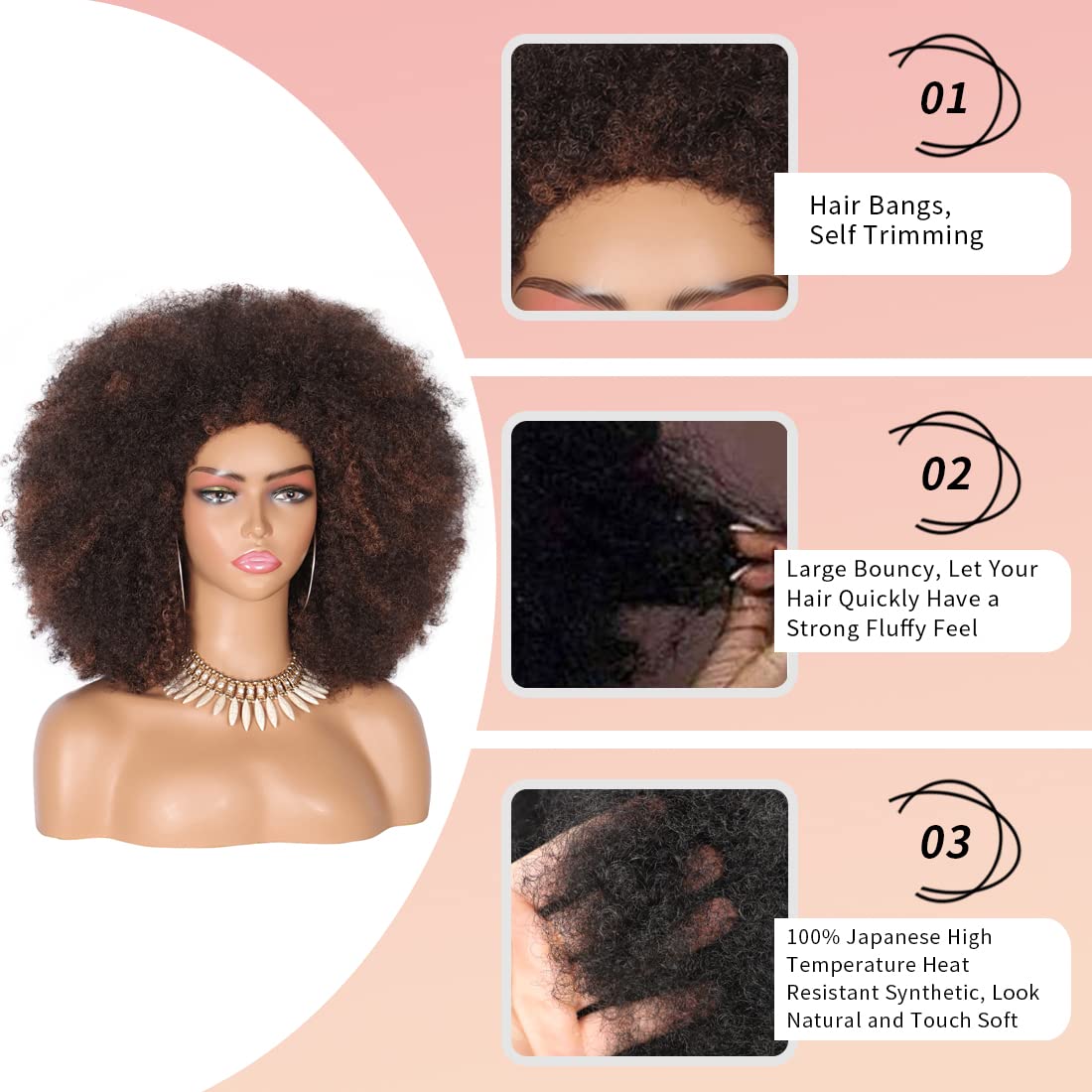 Kalyss 16" Women's Long Afro Wigs for Black Women 70's Afro Kinky Curly Brown Highlights Wigs Large Bouncy and Soft Natural Looking Premium Synthetic Big Afro Wig