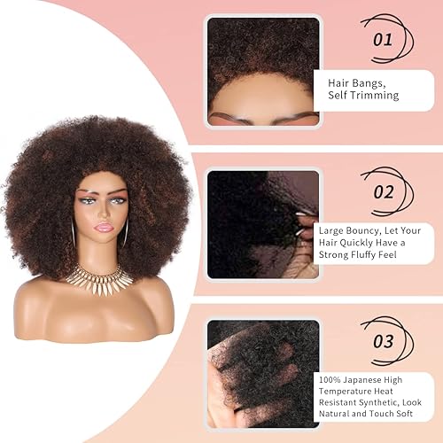 Miniatura 2 de Kalyss Pelucas de cabello corto afro rizado de 16 pulgadas para mujeres negras, peluca afro grande y suave de aspecto natural, pelucas de cabello
