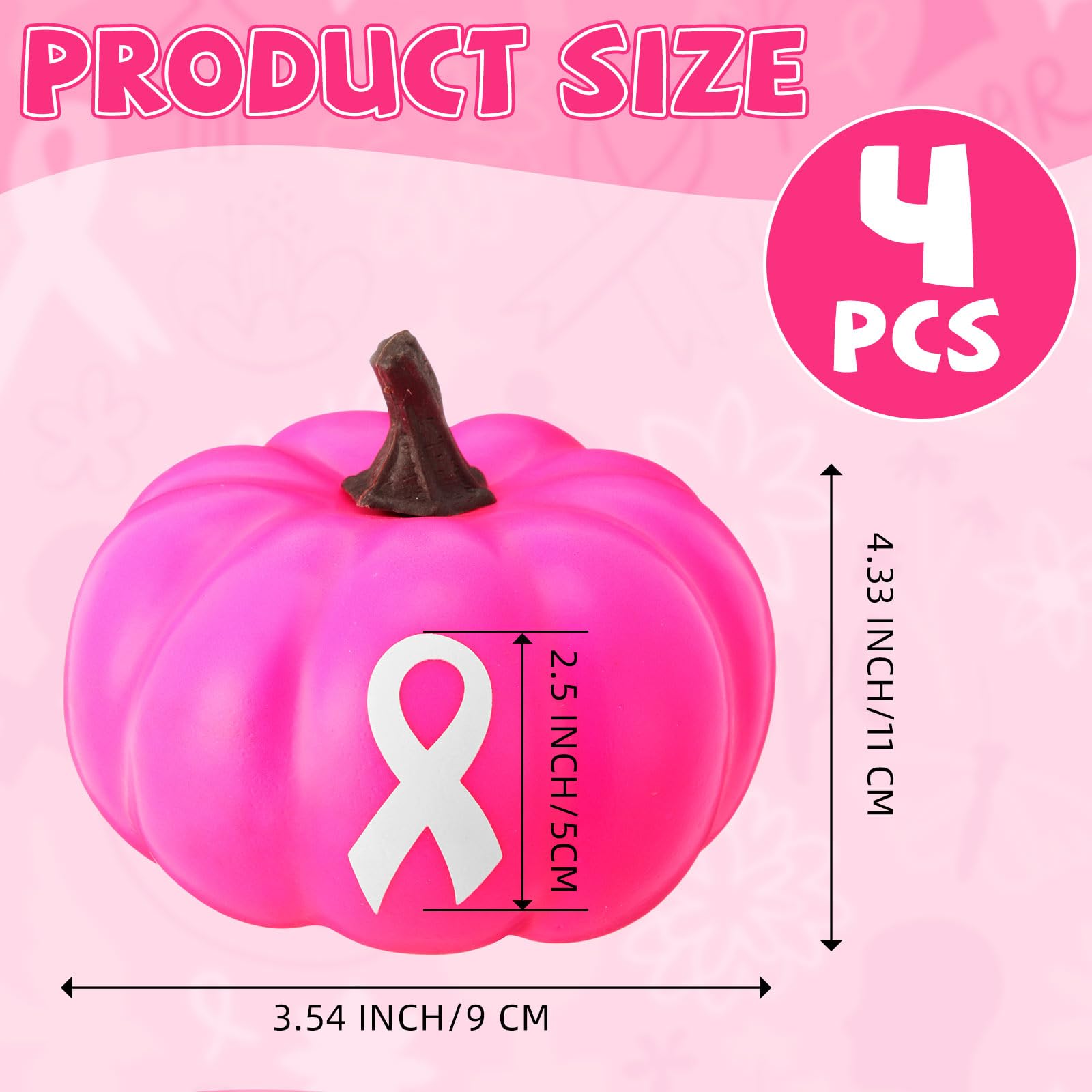 Cinnvoice 4 Pcs Breast Cancer Awareness Decorations Artificial Pumpkins Bulk Rose Red Faux Foam Pumpkins with Pink Ribbon for Fall Table Centerpieces Breast Cancer Party Decor(Rose Red,4.33 Inch)