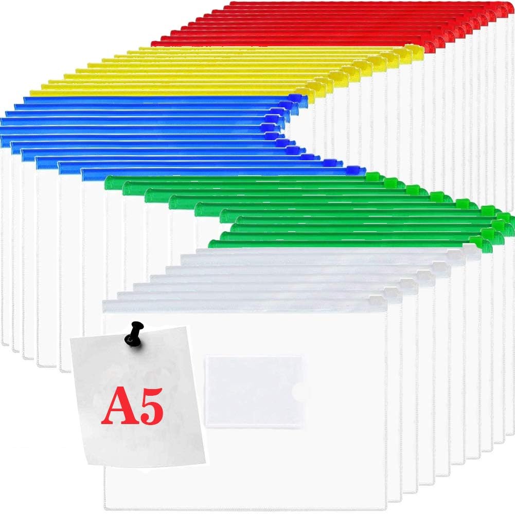 Gallop Chic 50 Pcs Plastic Poly Zip Envelope, Clear Color A5 Size Paper Document File Invoice Bill Zipper Bag Pencil Pouch Bag Holder, Office Supplies, Travel Storage Bags